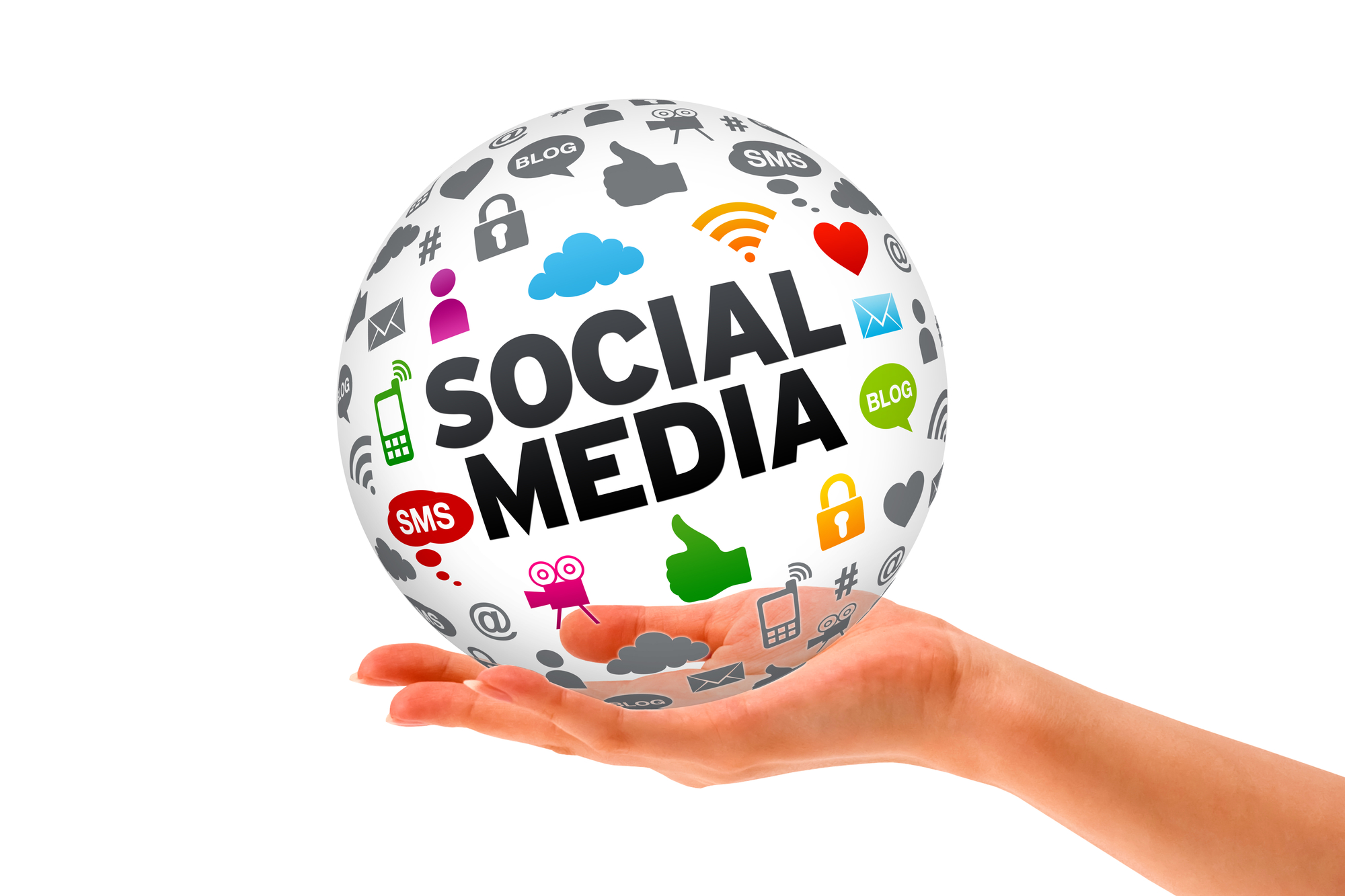 Hand holding a Social Media 3d Sphere sign on white background.